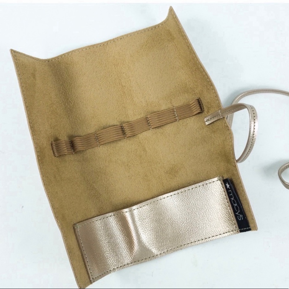 Macy's Metallic Gold Faux Leather Make-up Brush/ Jewelry Roll-up Pouch